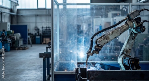 Robotic welding arm operating inside factory safety enclosure