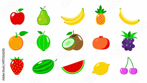 Colorful assortment of various fruits displayed on a white background