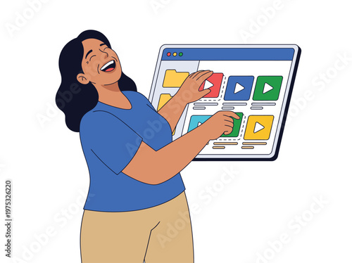 Happy Woman Using Tablet with App Icons.