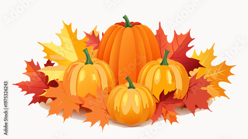 Autumn arrangement of vibrant pumpkins and colorful fallen maple leaves