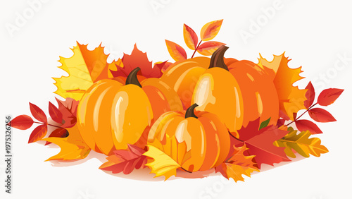 A vibrant arrangement of pumpkins and colorful autumn leaves displayed together