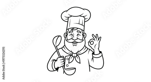 Professional chef in traditional white uniform with a tall toque holding a soup ladle and showing the okay hand gesture with a smile.