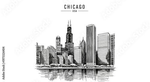 Black and white ink sketch of the Chicago skyline reflected in water