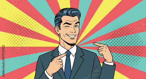 Successful businessman in a blue suit winking and pointing at himself against a colorful pop art sunburst and halftone background.