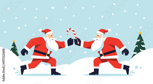 Two identical Santa Claus characters playfully fighting with a giant red and white candy cane in a snowy winter forest landscape.