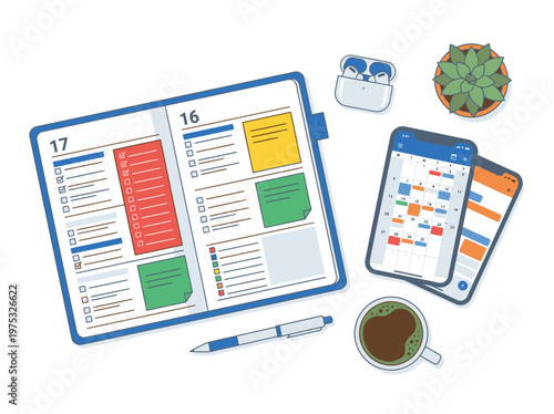 Organized Weekly Planner with Smartphone and Coffee.