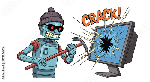 Blue robot wearing a beanie and sunglasses breaking a computer monitor with a metal crowbar symbolizing a malicious cyber attack.