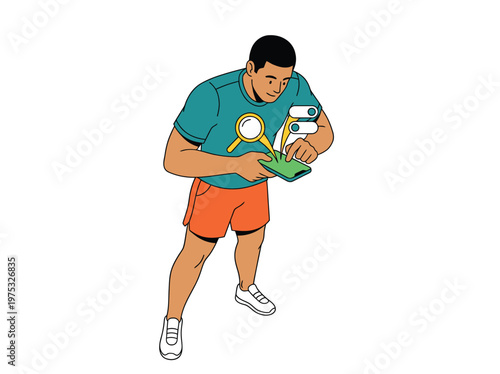 Young Man Reading Book with Magnifying Glass.