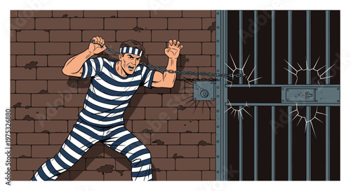 Determined prisoner in a striped uniform breaking metal chains while standing in a brick jail cell near a window with iron bars.