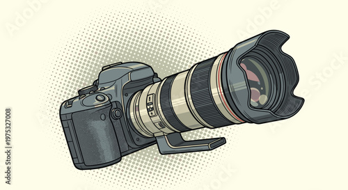 Detailed illustration of a professional digital SLR camera with a large telephoto zoom lens on a light halftone dot background.