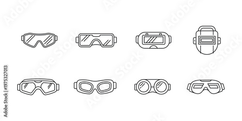 Set of safety goggles and protective eyewear line icons, industrial welding mask and laboratory eye protection outline vector illustrations for construction and science