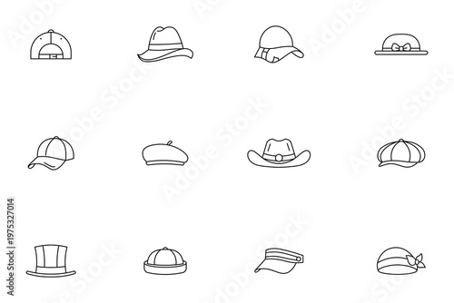 Set of hat and headwear line icons, fashion accessories including baseball cap, cowboy hat, beret, and top hat outline vector illustrations for apparel design and retail