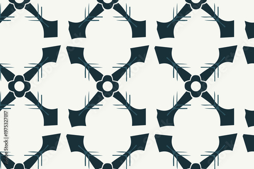 Midnight blue geometric cross floral seamless pattern with bold abstract petal shapes in a structured symmetrical grid