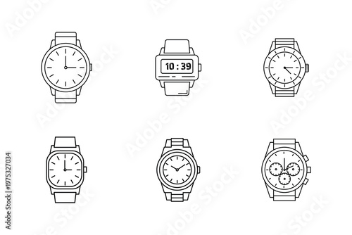 Set of wristwatch line icons, analog and digital watches, fashion accessory and timepiece outline vector illustrations for web and mobile