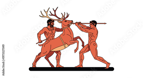 Classical ancient Greek style depiction of two muscular hunters battling a large horned stag with sharp spears and daggers.
