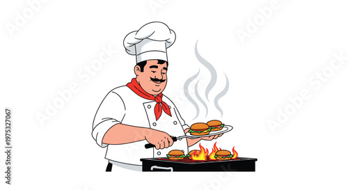 Professional chef in a white uniform and toque flipping several beef burgers on a hot flaming charcoal grill with a spatula.