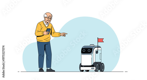 Elderly man using his smartphone to control or receive a package from a modern autonomous delivery robot on a blue background.
