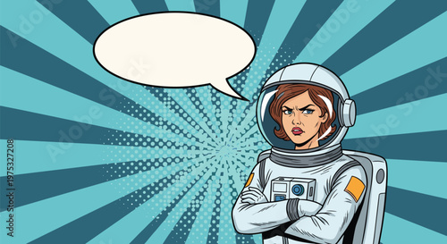 Determined and angry female astronaut in a white space suit with arms crossed standing next to a large blank speech bubble.
