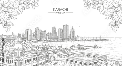 Black and white line art illustration of the Karachi skyline with historic buildings and harbor