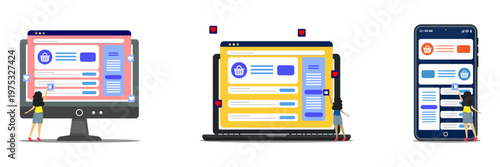 Set collection oglf social media engagement concept. The woman choose symbol of like on online market at computer, laptop, and smartphone screen. 