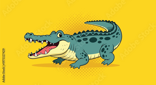 Friendly green crocodile with an open mouth showing teeth walking on a yellow background in a retro comic book style.