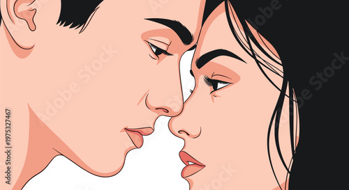 Romantic close up illustration of a young man and woman face to face looking into each other eyes about to share a kiss.