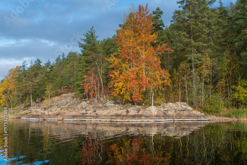 Rocky shores of Lake Ladoga near the village of Lumivaara on a sunny autumn day, Ladoga Skerries, Lahdenpohya, Republic of Karelia, Russia