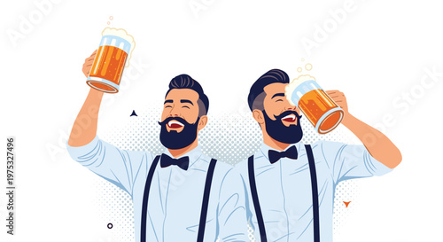 Two happy bearded men with bow ties and suspenders cheering with large mugs of frothy beer in a celebratory pose.