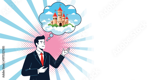 Businessman in a suit gesturing toward a thought bubble containing a golden fantasy castle floating in the clouds.