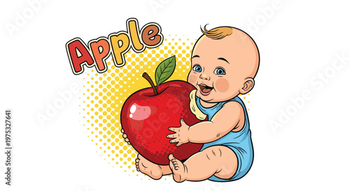 Adorable baby in a blue romper holding and taking a bite from a giant red apple in a colorful pop art style illustration.