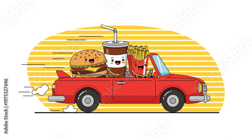 Cute cartoon burger soda and fries characters with happy faces riding in a red vintage convertible car with a yellow background.