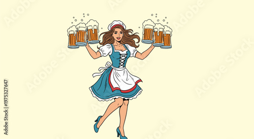 Traditional waitress in a blue and white dirndl dress carrying several large mugs of foaming beer in both hands.