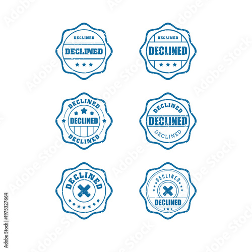 Blue Distressed Declined Application Rubber Stamp Collection, All stamps exhibit a consistent weathered, "distressed" aesthetic with simulated ink fading
