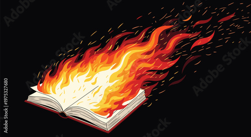 Dramatic illustration of an open book with pages consumed by intense orange and yellow flames against a solid black background.
