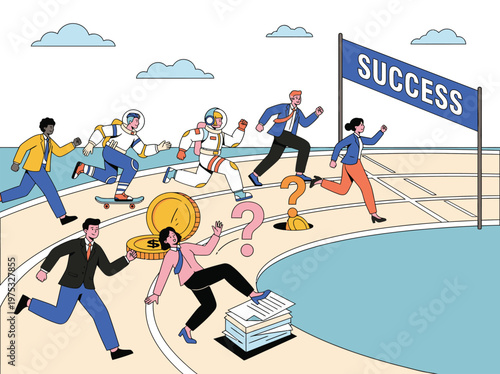 Businesspeople Running Toward Success Sign in a Race.