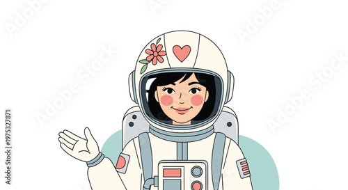 Friendly female astronaut in a space suit with a heart and flower on her helmet waving her hand against a blue background.