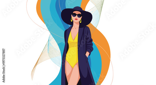 Elegant woman wearing a yellow swimsuit a dark coat sunglasses and a large hat against a colorful abstract background.