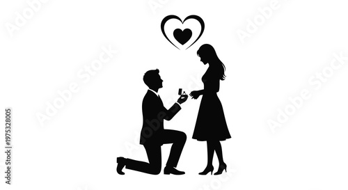 A romantic proposal scene is depicted with a man kneeling and offering a ring to a woman presented as a silhouette