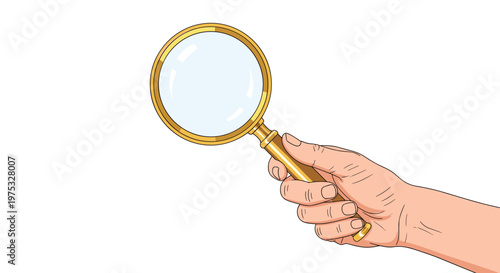 Realistic illustration of a person hand holding a golden magnifying glass with a glass lens for inspection and discovery.