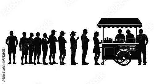 A line of people waits at a food vendor s cart depicted in a striking black silhouette high quality professional detailed modern