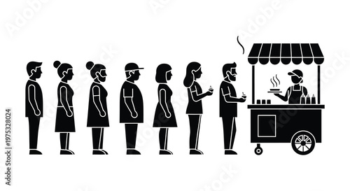 A line of people waits at a food stand with a vendor serving a customer depicted in striking silhouette high quality