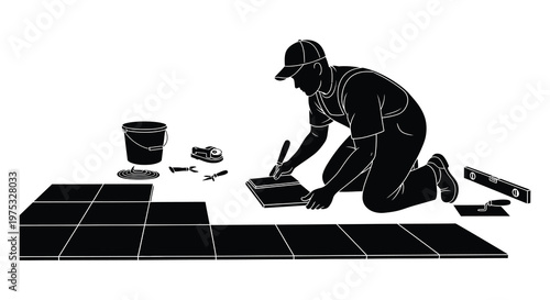 A construction worker kneels to lay tiles using tools and a level depicted in a striking silhouette high quality professional detailed