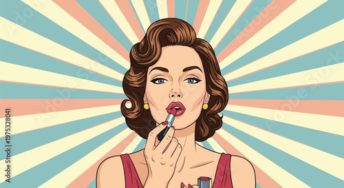 Glamorous woman applying pink lipstick to her lips against a colorful sunburst background in a classic pop art style.