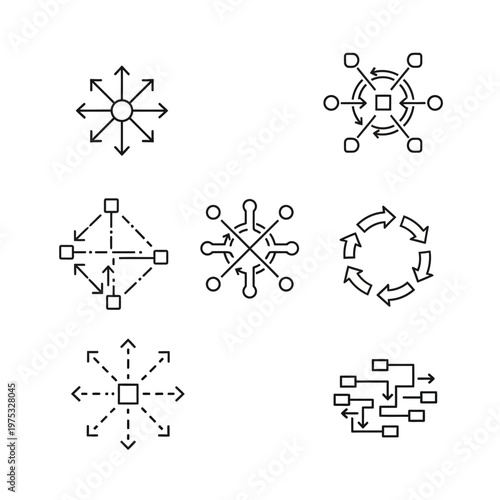 Abstract Network Connection Icons: Hub, Spokes, Flow, and Structure