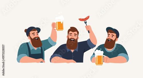 Group of three happy bearded men at a bar counter cheering with beer mugs and eating a tasty sausage on a fork.