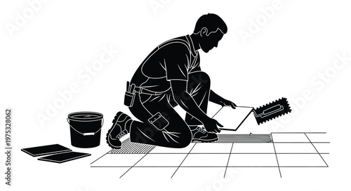 A painter kneels to apply texture to a wall showing tools and materials in a striking silhouette high quality professional detailed
