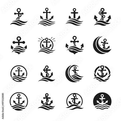 Anchor Icons Set: Nautical Symbols on Waves Collection