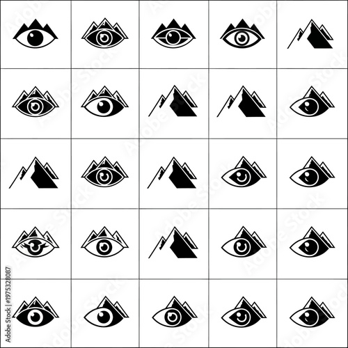 Abstract Eye Mountain Icons Set, Vision, Insight, Nature, Peaks, Exploration