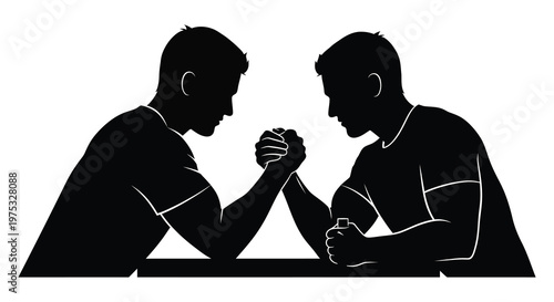 Two muscular men engage in an intense arm wrestling match depicted in a striking black silhouette high quality professional detailed modern