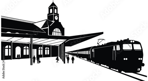 A striking black and white illustration depicts a train station with a locomotive and passengers presented as a silhouette high quality
